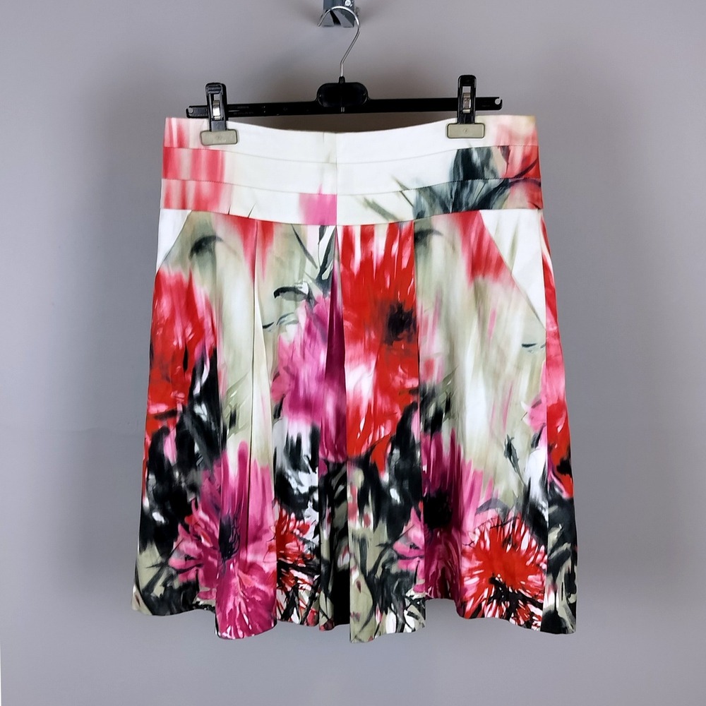 NWT Cotton Sateen Floral A-Line Skirt Pink‎ Red Watercolor Pleat Elie Tahari